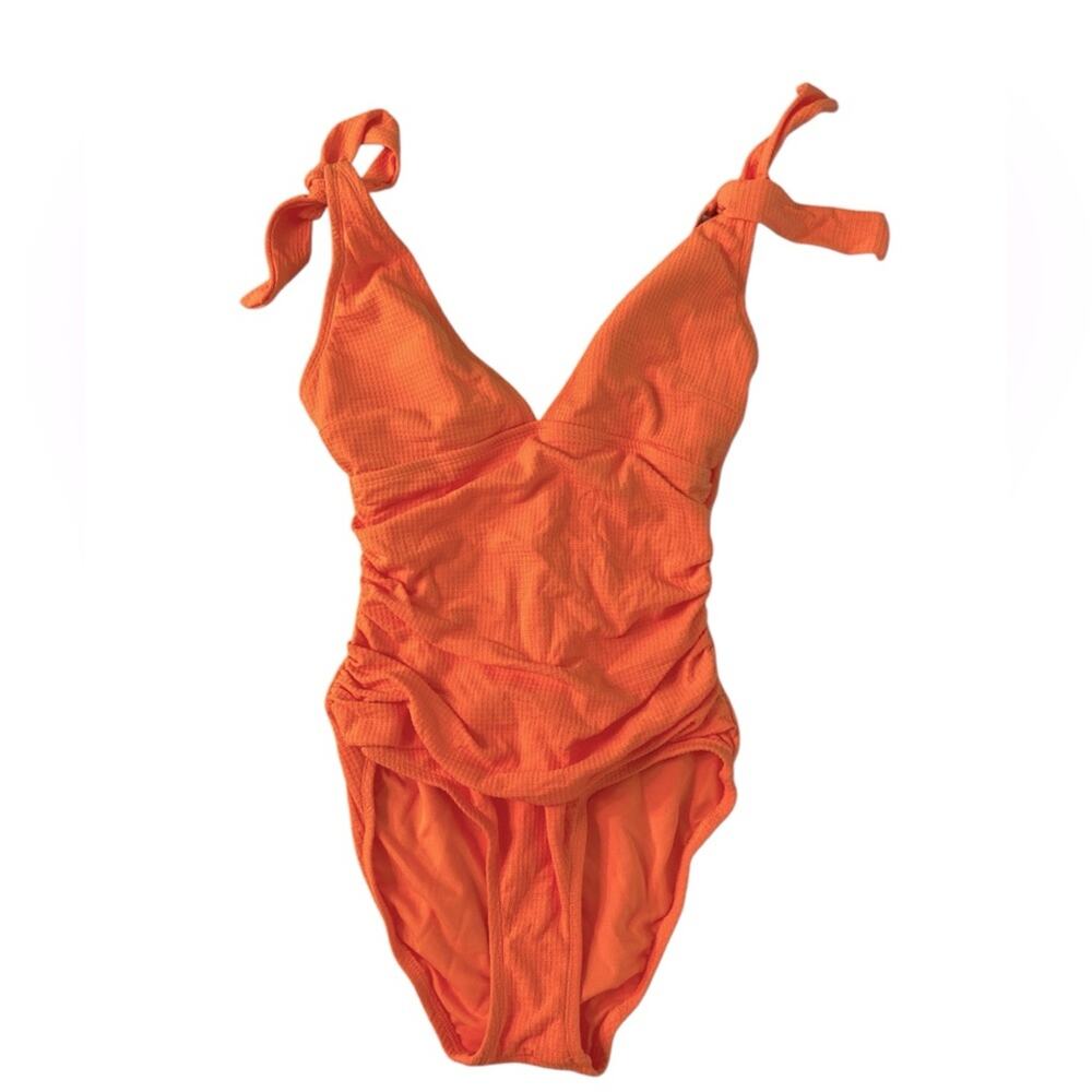 NWT Ellen Tracy One Piece Coral Orange Ruched V-Neck Swimsuit Size 8